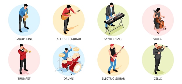 Composition De Musiciens Isométriques Sertie De Personnes Jouant De La Trompette De Saxophone Et De La Batterie Illustration Vectorielle Isolée