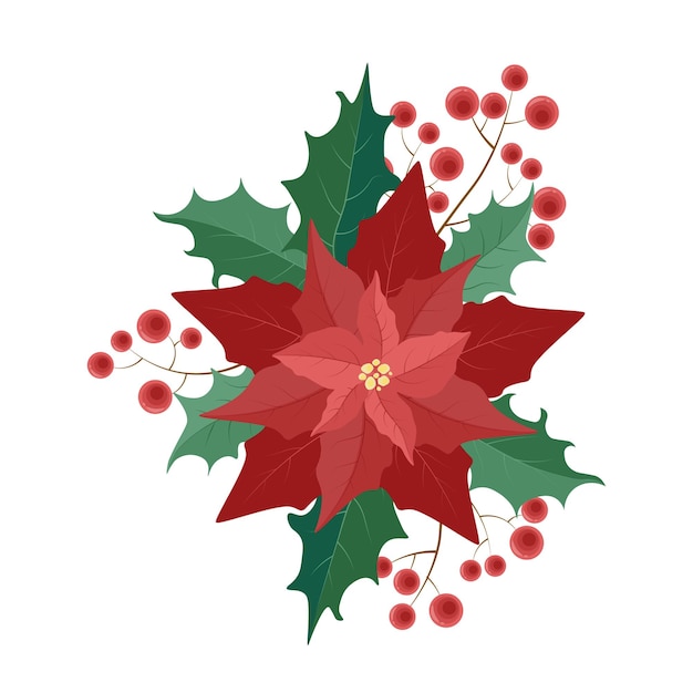 Composition De Noël De Poinsettia Avec Des Feuilles Et Des Baies Rouges