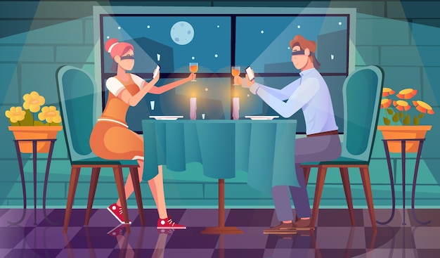 Composition à plat à l'aveugle avec un couple aux yeux bandés ayant un rendez-vous à la table du restaurant avec des boissons et des smartphones illustration