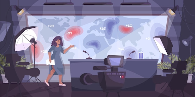 Composition à plat de prévisions météorologiques avec paysage intérieur de studio de télévision avec caméras et femme à l'écran illustration