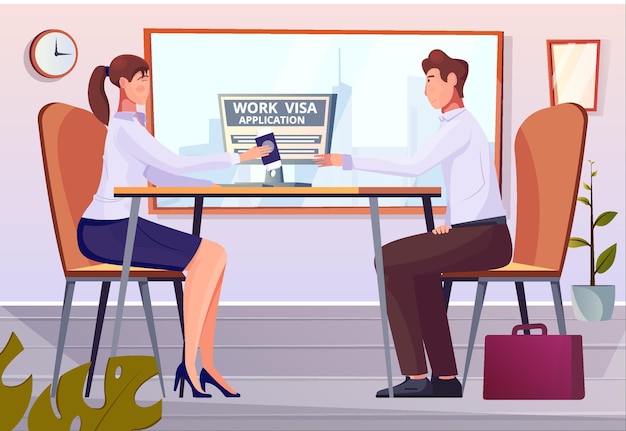 Composition à plat de visa de travail avec décor de bureau intérieur et spécialiste étranger reprenant l'illustration du permis de travail du passeport