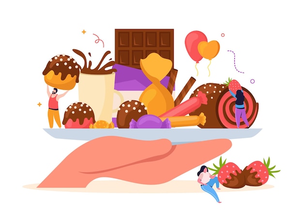Vecteur composition plate de la journée mondiale du chocolat avec de délicieux desserts sur assiette et illustration vectorielle de personnages humains