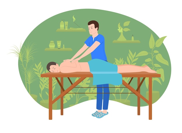 Vecteur composition plate de personnes de spa de massage avec des personnages de client allongé sur une table avec illustration vectorielle de massothérapeute de travail