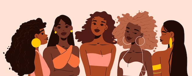 Composition de portrait de femme fille noire cinq belles filles sont ensemble illustration vectorielle