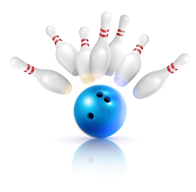 Vecteur composition réaliste de bowling avec des images de boule de frappe et d'épingles volantes avec des ombres sur une illustration vierge