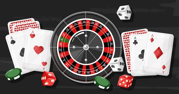 Composition De Roulette De Casino Avec Des Dés, Des Cartes à Jouer Et Des Jetons Sur Dark