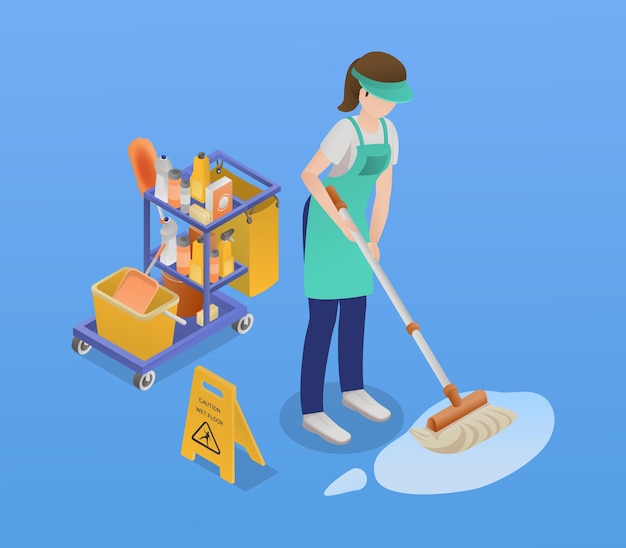 Composition de service de nettoyage professionnel isométrique une femme nettoyant les sols sur son illustration vectorielle de lieu de travail