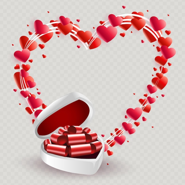 Vecteur composition avec la silhouette d'une boîte blanche en forme de coeur avec un arc rouge et une couronne de coeurs