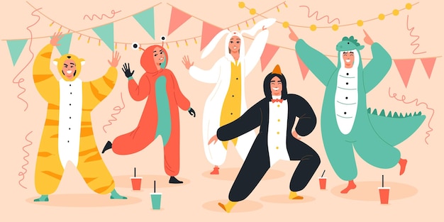 Composition de la soirée pyjama Kigurumi cinq amis à la fête avec boissons et danse swag en costumes illustration vectorielle