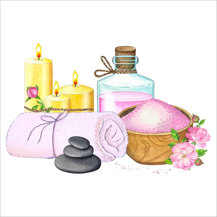 Vecteur composition de spa avec un mortier de serviette de bouteille avec des bougies de sel illustration à l'aquarelle dessinée à la main de produits de soin du corps