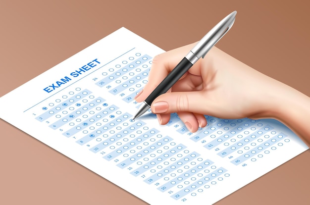 Composition de stylo à main papier test réaliste avec main humaine remplissant la feuille d'examen avec stylo à bille