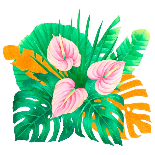 Vecteur composition tropicale aquarelle fleurs d'anthurium feuilles de palmier et bouquet exotique de monstera