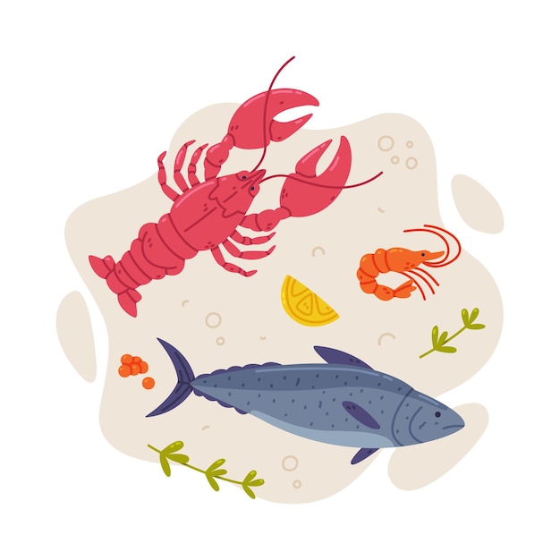Composition vectorielle des fruits de mer savoureux et des produits de la mer fraîche