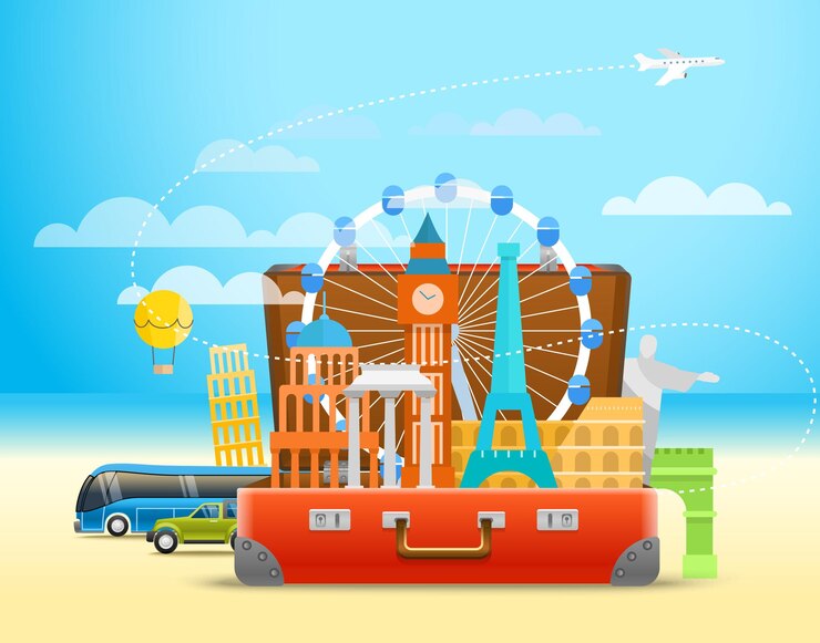 Vecteur composition de voyage de vacances avec le sac ouvert concept de soupirs touristiques