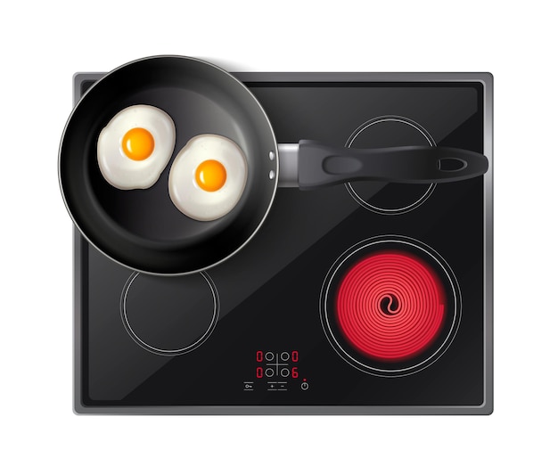 Vecteur composition de vue de dessus réaliste de batterie de cuisine avec poêle à frire avec deux œufs frits sur illustration vectorielle de cuisinière à induction