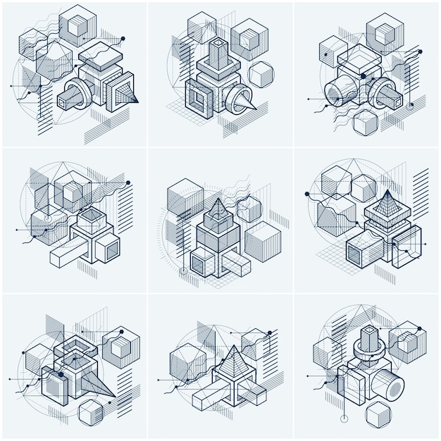 Compositions abstraites de formes 3d, arrière-plans isométriques vectoriels. Compositions de cubes, hexagones, carrés, rectangles et différents éléments abstraits. Collecte de vecteur.