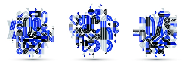 Compositions de conception vectorielle abstraite dynamique désordonnée réglée en bleu collection d'art moderne minimale bordée d'éléments de géométrie élégants isolés sur blanc