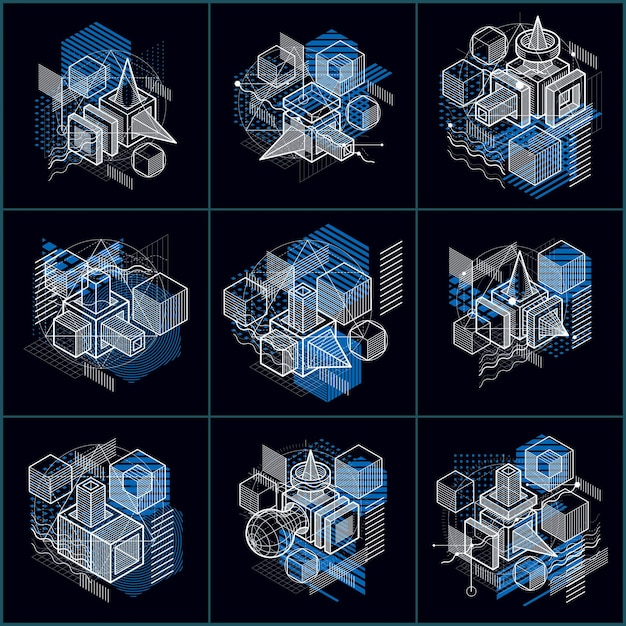 Compositions de formes abstraites 3D, arrière-plans isométriques vectoriels. Compositions de cubes, hexagones, carrés, rectangles et différents éléments abstraits. Collecte de vecteurs.