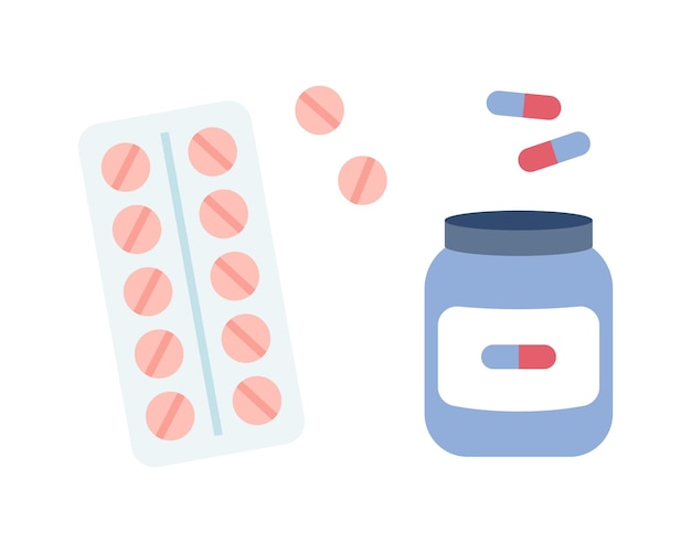 Les comprimés et les capsules de médicaments dans un pot et l'illustration de l'emballage dans le style plat de dessin animé