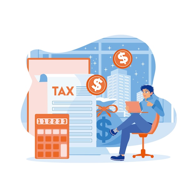 Un comptable masculin gère les finances de l'entreprise Un homme calcule un impôt d'entreprise Concept d'audit fiscal Illustration vectorielle plate