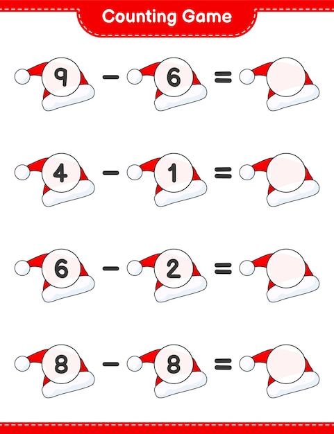 Compter le jeu, compter le nombre de Santa Hat et écrire le résultat. Jeu éducatif pour enfants, feuille de calcul imprimable, illustration vectorielle