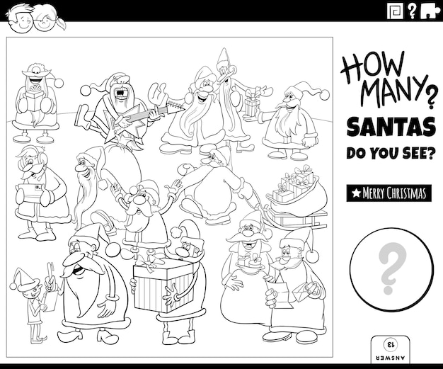 Compter la page de coloriage du jeu Santas cartoon