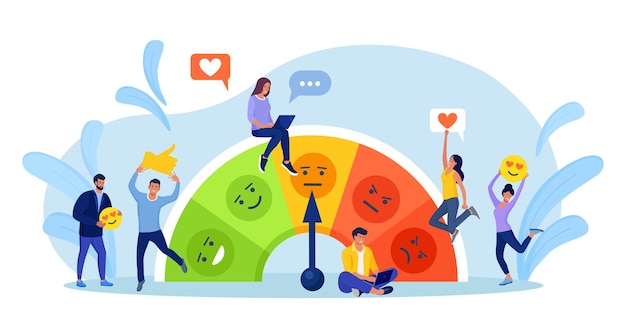 Compteur de satisfaction client avec icônes d'émotions. Sondez les clients, notez les avis des clients et meilleure estimation de la performance. Concept de rétroaction des clients, rapport de consommation en ligne. Expérience utilisateur