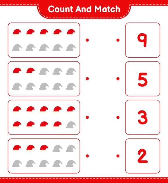 Comptez Et Associez, Comptez Le Nombre De Bonnet De Noel Et Faites Correspondre Avec Les Bons Nombres. Jeu éducatif Pour Enfants