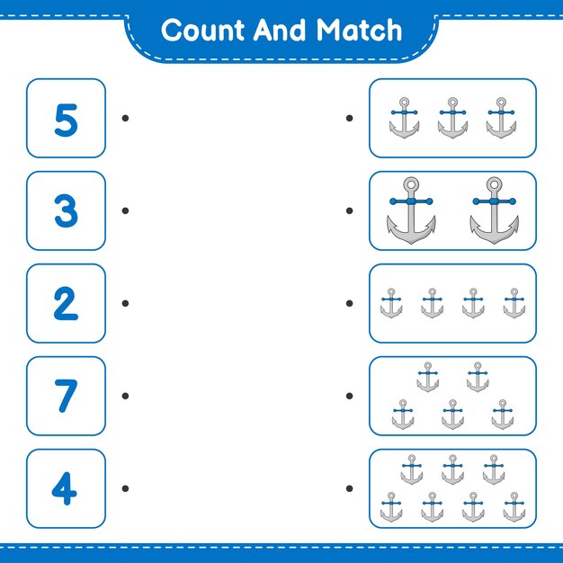 Comptez Et Faites Correspondre, Comptez Le Nombre D'ancres Et Faites Correspondre Avec Les Bons Numéros. Jeu éducatif Pour Enfants, Feuille De Calcul Imprimable, Illustration Vectorielle