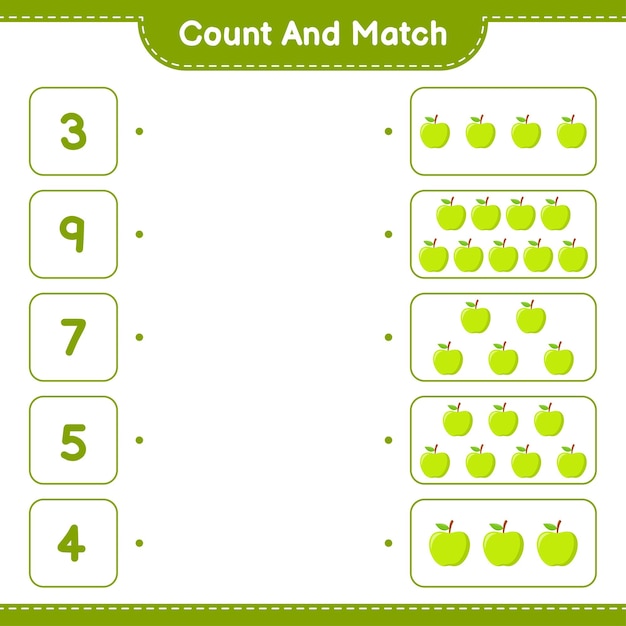 Comptez et faites correspondre, comptez le nombre d'Apple et faites correspondre avec les bons nombres. Jeu éducatif pour enfants, feuille de travail imprimable