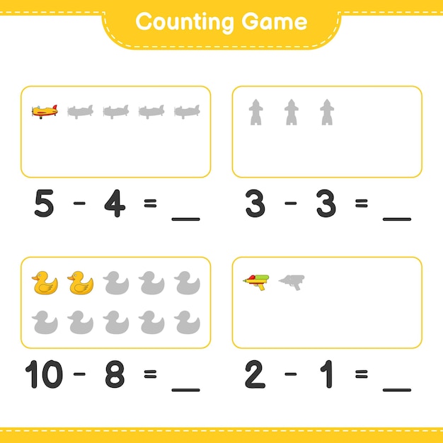 Comptez Et Faites Correspondre, Comptez Le Nombre D'avions, De Fusées, De Canards En Caoutchouc, De Pistolets à Eau Et Faites Correspondre Avec Les Bons Numéros. Jeu éducatif Pour Enfants, Feuille De Calcul Imprimable, Illustration Vectorielle