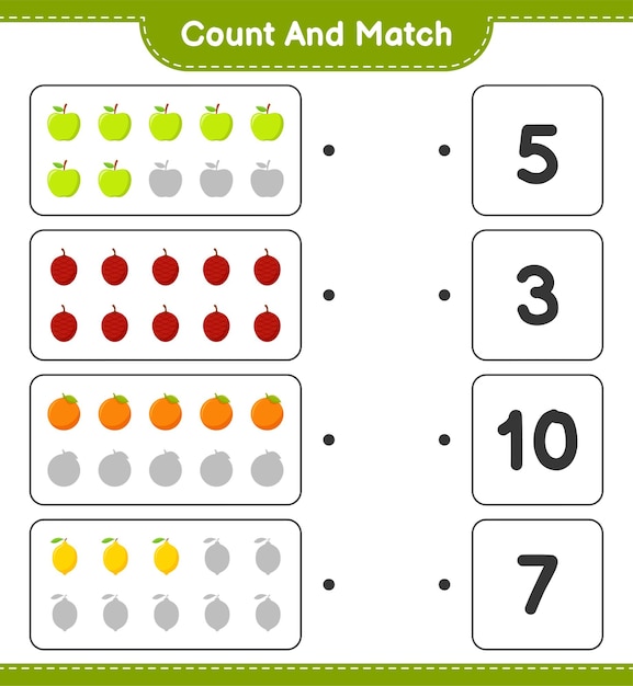 Comptez et faites correspondre, comptez le nombre de fruits et faites correspondre avec les bons nombres. Jeu éducatif pour enfants, feuille de travail imprimable.