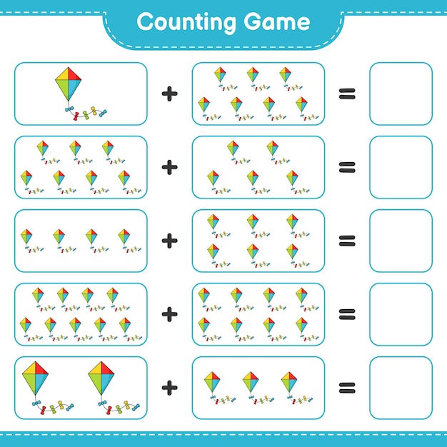 Comptez Et Faites Correspondre, Comptez Le Nombre De Kite Et Faites Correspondre Avec Les Bons Numéros. Jeu éducatif Pour Enfants, Feuille De Calcul Imprimable, Illustration Vectorielle