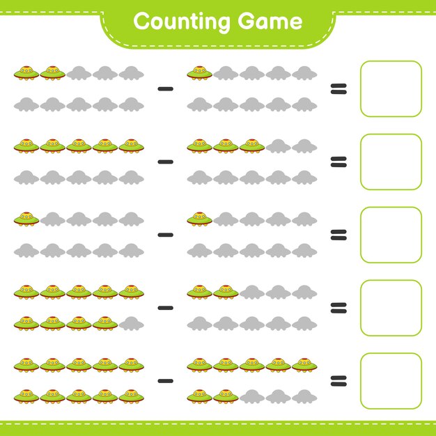 Comptez Et Faites Correspondre, Comptez Le Nombre D'ovnis Et Faites Correspondre Avec Les Bons Numéros. Jeu éducatif Pour Enfants, Feuille De Calcul Imprimable, Illustration Vectorielle