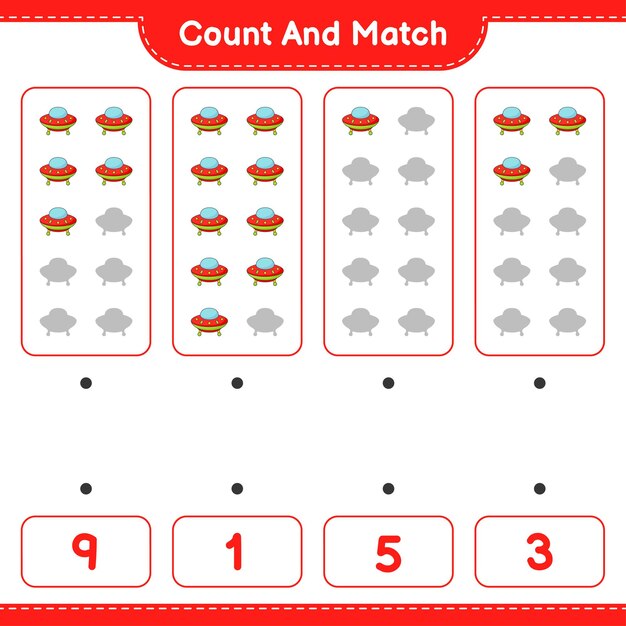 Comptez et faites correspondre, comptez le nombre d'ovnis et faites correspondre avec les bons numéros. Jeu éducatif pour enfants, feuille de calcul imprimable