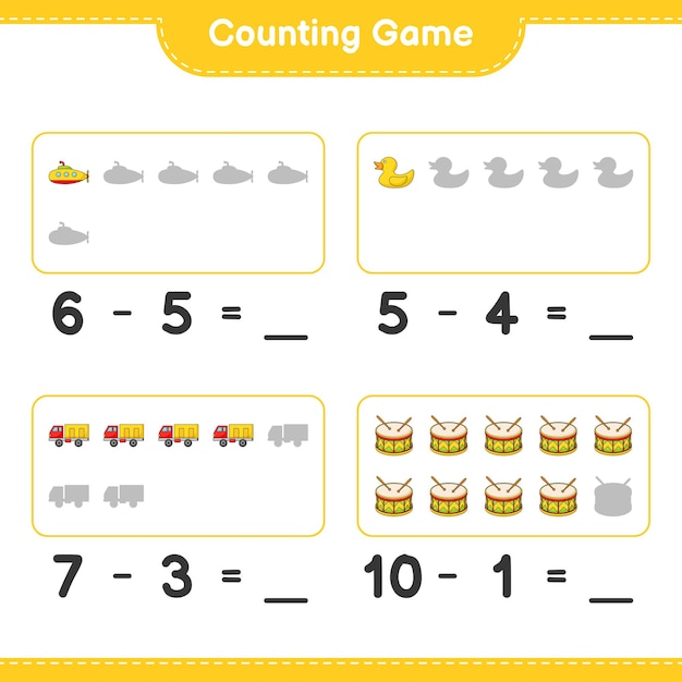 Comptez Et Faites Correspondre, Comptez Le Nombre De Sous-marins, De Canards En Caoutchouc, De Camions, De Tambours Et Faites Correspondre Avec Les Bons Numéros. Jeu éducatif Pour Enfants, Feuille De Calcul Imprimable, Illustration Vectorielle