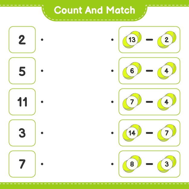 Comptez et faites correspondre le nombre de balles de tennis et faites correspondre les bons numéros Illustration vectorielle de feuille de calcul imprimable pour enfants éducatifs