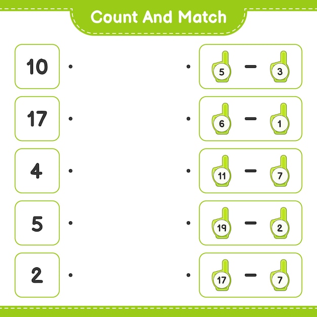 Comptez et faites correspondre le nombre de doigts en mousse et faites correspondre les bons numéros Illustration vectorielle de feuille de calcul imprimable pour enfants éducatifs
