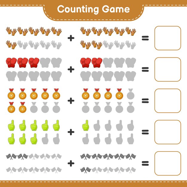 Comptez Et Faites Correspondre Le Nombre De Drapeaux De Course De Trophée De Doigt En Mousse Gants De Boxe Gants De Golf Et Faites Correspondre Avec Les Bons Numéros Illustration Vectorielle De Feuille De Travail Imprimable Jeu éducatif Pour Enfants