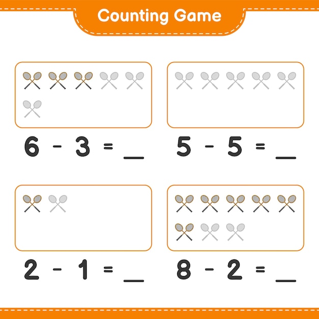 Comptez Et Faites Correspondre Le Nombre De Raquettes De Badminton Et Faites Correspondre Avec Les Bons Numéros Illustration Vectorielle De Feuille De Travail Imprimable Jeu éducatif Pour Enfants