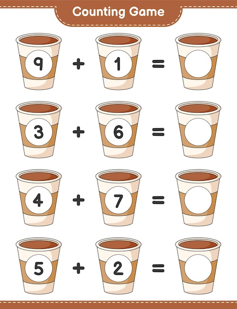 Comptez le jeu, comptez le nombre de tasses à café et écrivez le résultat. Jeu éducatif pour enfants, feuille de calcul imprimable