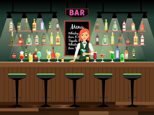 Comptoir De Bar Avec Une Dame Barman Et Des Bouteilles De Vin Sur Les étagères Derrière Elle. Illustration Vectorielle