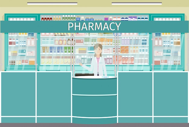 Comptoir De Pharmacie Avec Personnage Féminin De Pharmacien. Intérieur De La Pharmacie Avec Vitrines De Médicaments.