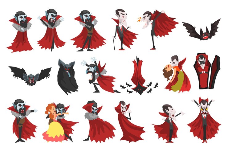 Vecteur le comte dracula portant une cape rouge personnages d'halloween en costumes de carnaval illustration vectorielle de dessin animé