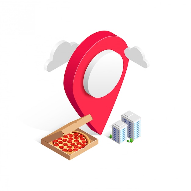 Vecteur concept 3d de service de livraison de restauration rapide en ligne. pizza isométrique en boîte, pointeur de carte, bâtiments de la ville isolés sur fond blanc. illustration pour le web, publicité, menu italien, application mobile
