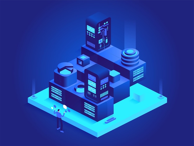 Concept abstrait isométrique de la technologie minière Blockchain