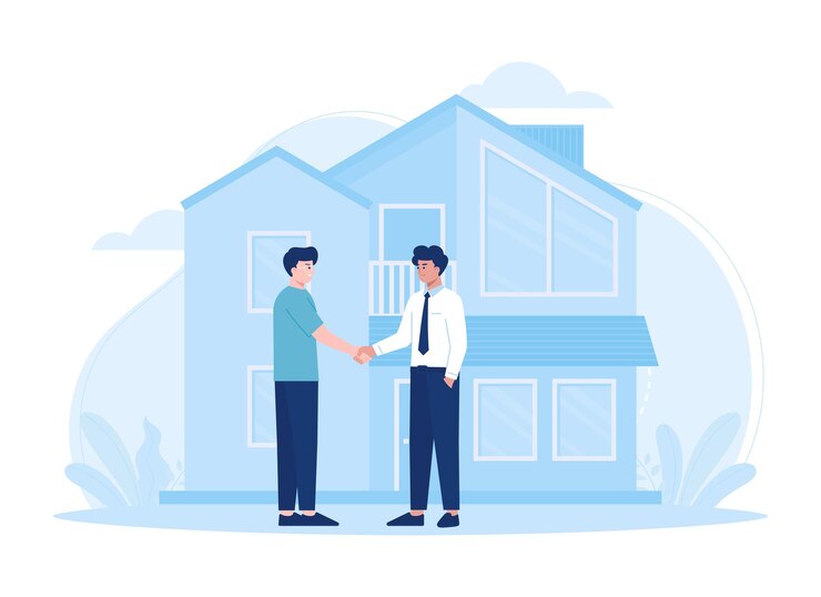 Vecteur concept d'accord immobilier avec un homme achetant une maison à un courtier tendance concept illustration plate