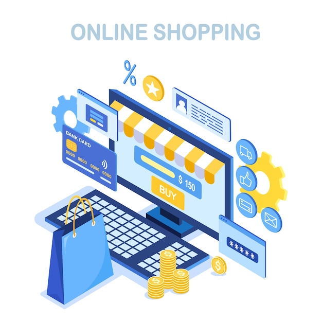 Concept d'achat en ligne. Acheter dans un magasin de détail par internet Vente à rabais Ordinateur isométrique, argent, sac