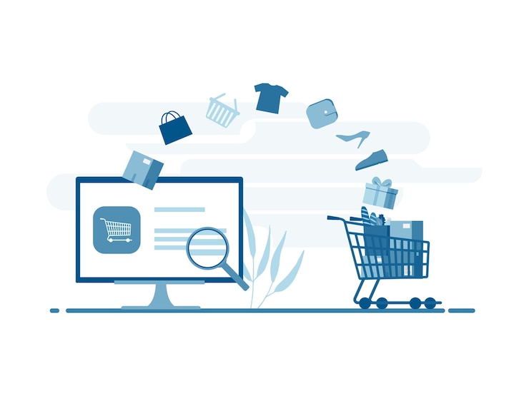 Vecteur concept d'achat en ligne avec des marchandises volant de l'écran du bureau au panier