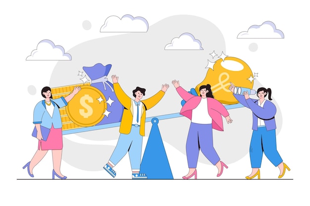 Concept d'achat de valeur en surpoids Des groupes de personnes mettent de l'argent dans une idée sur une balançoire et l'emportent Illustration vectorielle minimale de style de conception de contour pour l'infographie de la bannière web de la page de destination